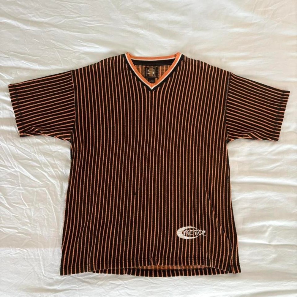 Savante Orange and Black Heavy Vertical Striped V-neck t-shirt